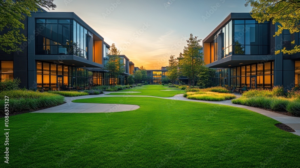 Modern buildings with landscaped pathways at sunset. Modern buildings with landscaped pathways at sunset.