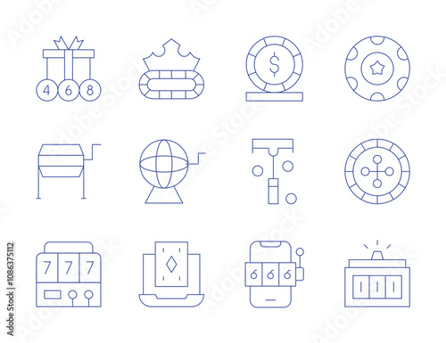Betting icons. Thin Line style, editable stroke. jackpot, lottery, online casino, poker chip, poker chips, raffle drum, roulette, slot machine, spin