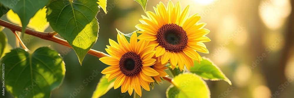 A small cluster of watercolor sunflowers peeking out from behind a leafy branch with a warm sunlight filtering through, nature, sunflowers