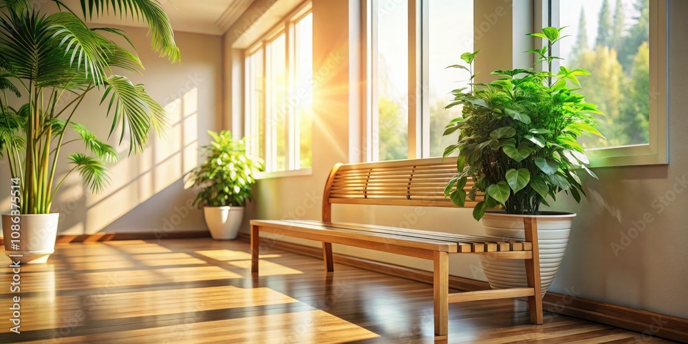 Fototapeta premium Cozy Hallway with Bench and Lush Plant - Serene Interior Space for Relaxation, Natural Light, and Warm Ambiance, Perfect for Home Decor and Tranquil Settings