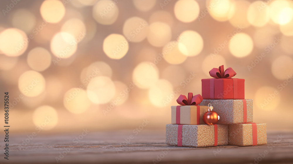 Fototapeta premium A neatly stacked collection of Christmas presents, adorned with shimmering ribbons and ornaments. The boxes are placed on a rustic wooden surface, with a warm bokeh background of glowing fairy