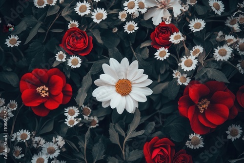 Wallpaper Mural A beautiful flower arrangement with red roses, white daisies, and greenery. Torontodigital.ca