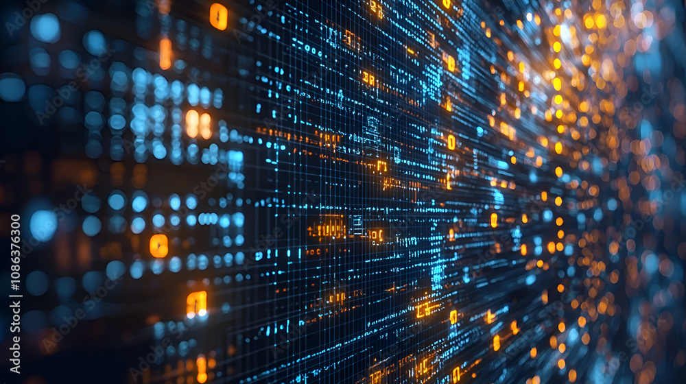 Futuristic Digital Technology Background with Glowing Blue and Orange Grid Lines and Data Flow Visualization Futuristic Digital Technology Background with Glowing Blue and Orange Grid Lines and Data Flow Visualization