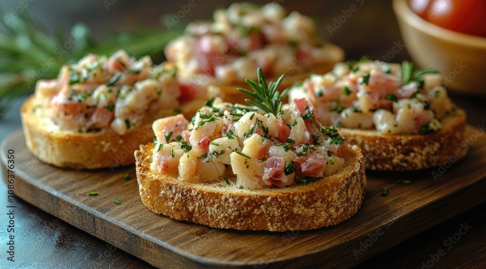Four delicious crostini topped with creamy bacon and herb spread, served on a wooden board. Four delicious crostini topped with creamy bacon and herb spread, served on a wooden board.