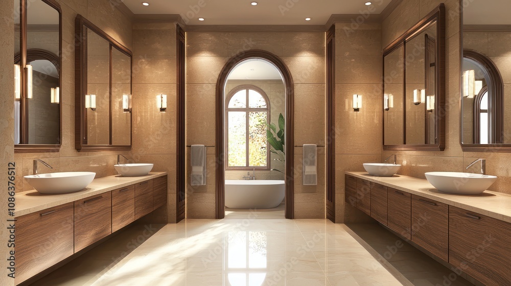 Modern bathroom with wooden cabinets, dual sinks, and arched mirrors, light background. Contemporary home or hotel concept. 3D Rendering Modern bathroom with wooden cabinets, dual sinks, and arched mirrors, light background. Contemporary home or hotel concept. 3D Rendering