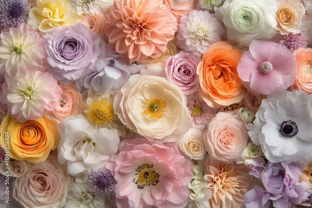 A close-up of a bouquet of mixed pastel-colored flowers. A close-up of a bouquet of mixed pastel-colored flowers.