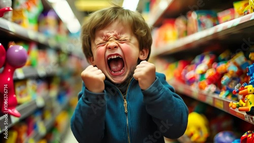 A young boy expresses frustration in a toy store during a busy afternoon filled with colorful toys