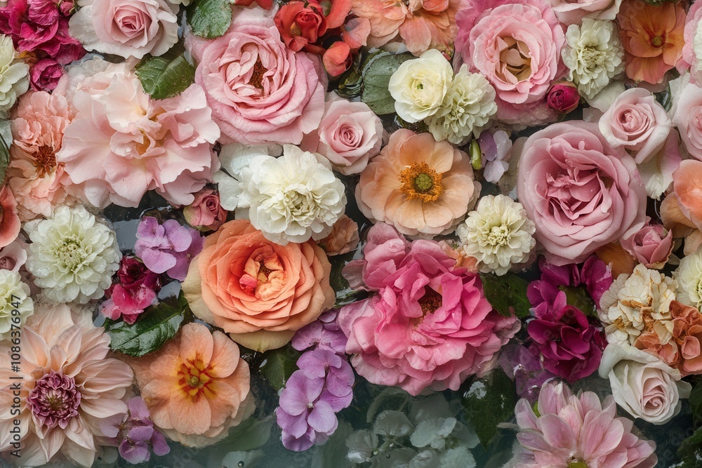 A close-up of a colorful bouquet of flowers floating in water. A close-up of a colorful bouquet of flowers floating in water.