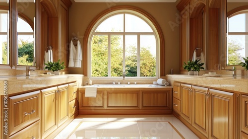 Modern bathroom with wooden cabinets, dual sinks, and arched mirrors, light background. Contemporary home or hotel concept. 3D Rendering 