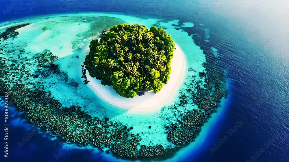 Aerial view of heart shaped earth island with green trees on white sand beach in tropical paradise