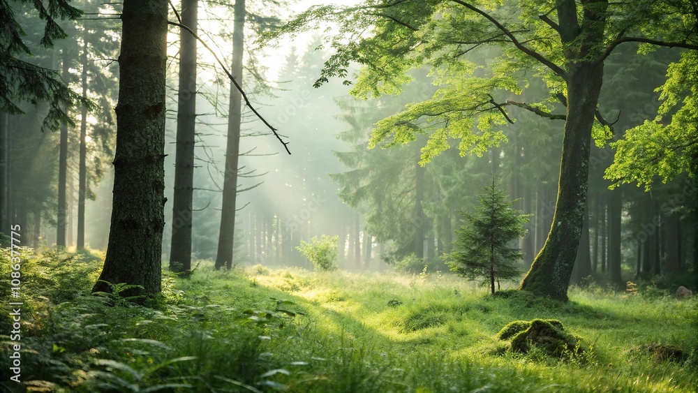 Fototapeta premium Dappled sunlight and soft focus capturing a serene scene in a green forest, forest ambiance, peaceful atmosphere, nature imagery, soft focus photography