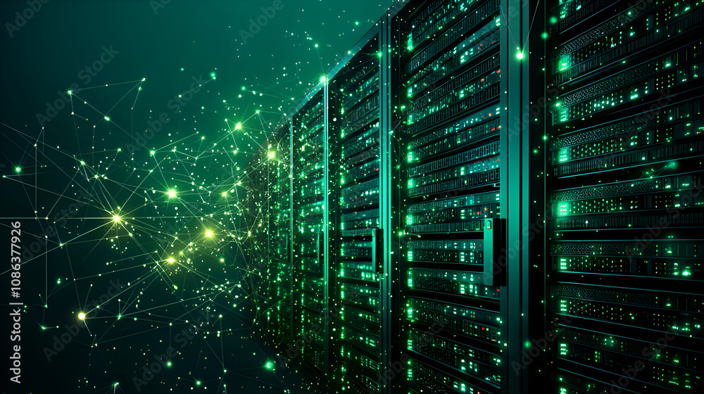 Futuristic Data Center with Green Lights and Server Racks for Enhanced Network Connectivity and Cloud Computing Futuristic Data Center with Green Lights and Server Racks for Enhanced Network Connectivity and Cloud Computing