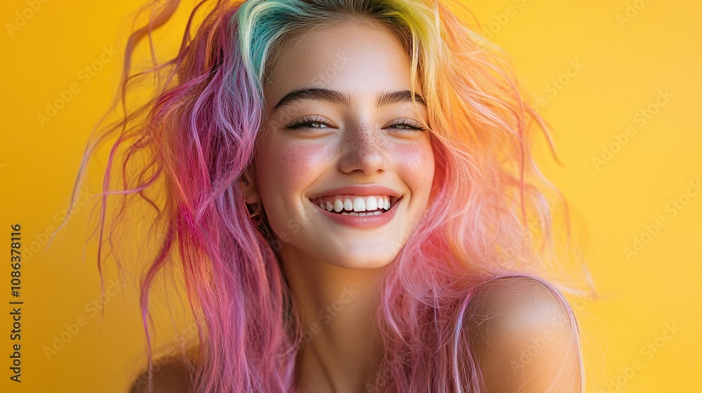 A joyful young woman with colorful hair smiles against a vibrant yellow background. A joyful young woman with colorful hair smiles against a vibrant yellow background.