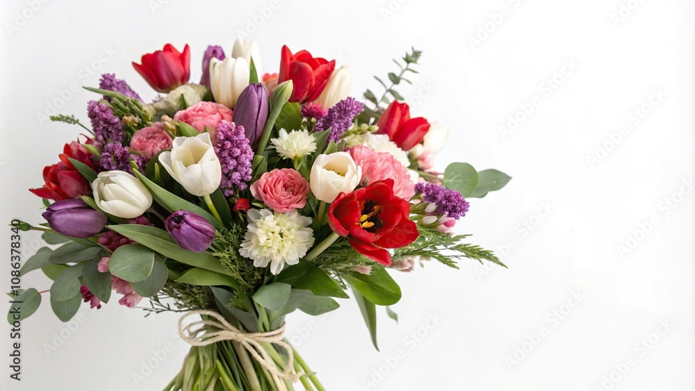 A lush bouquet of spring flowers including red purple white and pink blooms on a simple white or light-colored background, white flowers, flower bouquet, natural beauty, garden scene, purple flowers A lush bouquet of spring flowers including red purple white and pink blooms on a simple white or light-colored background, white flowers, flower bouquet, natural beauty, garden scene, purple flowers