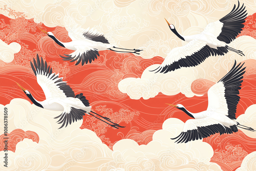Obraz premium Seamless repetitive pattern of cranes in mid-flight, with traditional japanese cloud motifs and delicate wave lines.