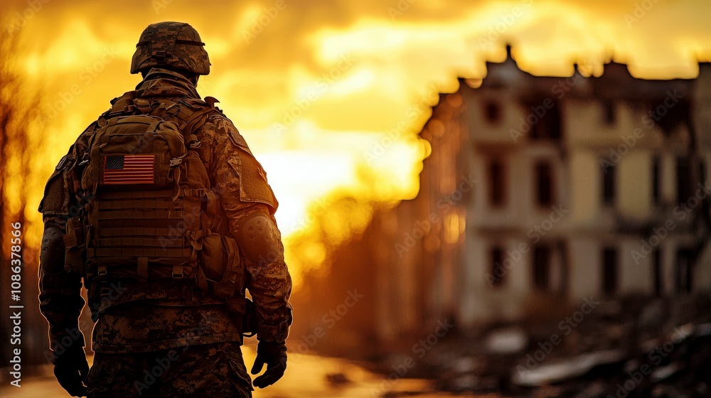 Soldier in Military Gear Stands Alone Against a Sunset Backdrop Overlooking Ruined Buildings in an Abandoned Cityscape Soldier in Military Gear Stands Alone Against a Sunset Backdrop Overlooking Ruined Buildings in an Abandoned Cityscape