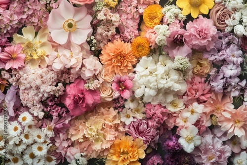 Wallpaper Mural A close-up shot of a vibrant mix of pink, peach, yellow, and white flowers. Torontodigital.ca