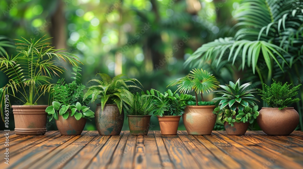 Fototapeta premium A row of potted plants with green leaves on a wooden deck, with a blurred background of tropical greenery.