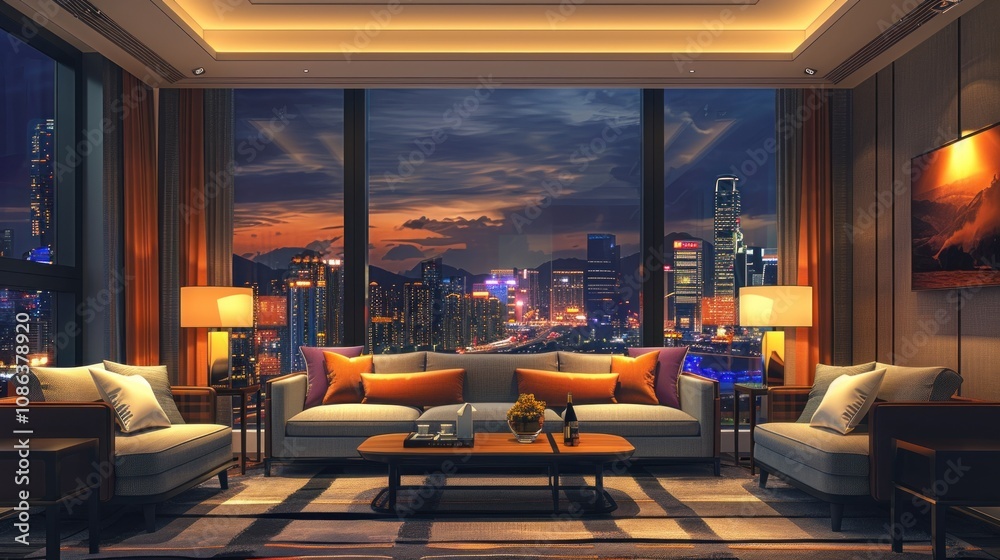Modern living room with large windows overlooking a cityscape at night. Modern living room with large windows overlooking a cityscape at night.