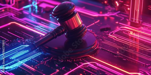 Cyberjustice: Gavel on Circuit Board, Neon Glow photo