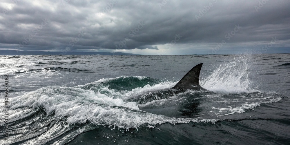 Fototapeta premium A shark fin sliced through the surface of the ocean on a cloudy day, creating a whirlpool in its wake, ocean surface, underwater world, aquatic animals