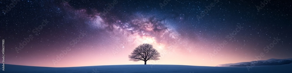 Lone tree under starry night sky with Milky Way galaxy. Serene nature landscape. Relaxation, meditation and spiritual concept. Wallpaper, poster, banner Lone tree under starry night sky with Milky Way galaxy. Serene nature landscape. Relaxation, meditation and spiritual concept. Wallpaper, poster, banner