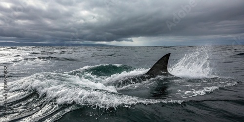 A shark fin sliced through the surface of the ocean on a cloudy day, creating a whirlpool in its wake, ocean surface, underwater world, aquatic animals