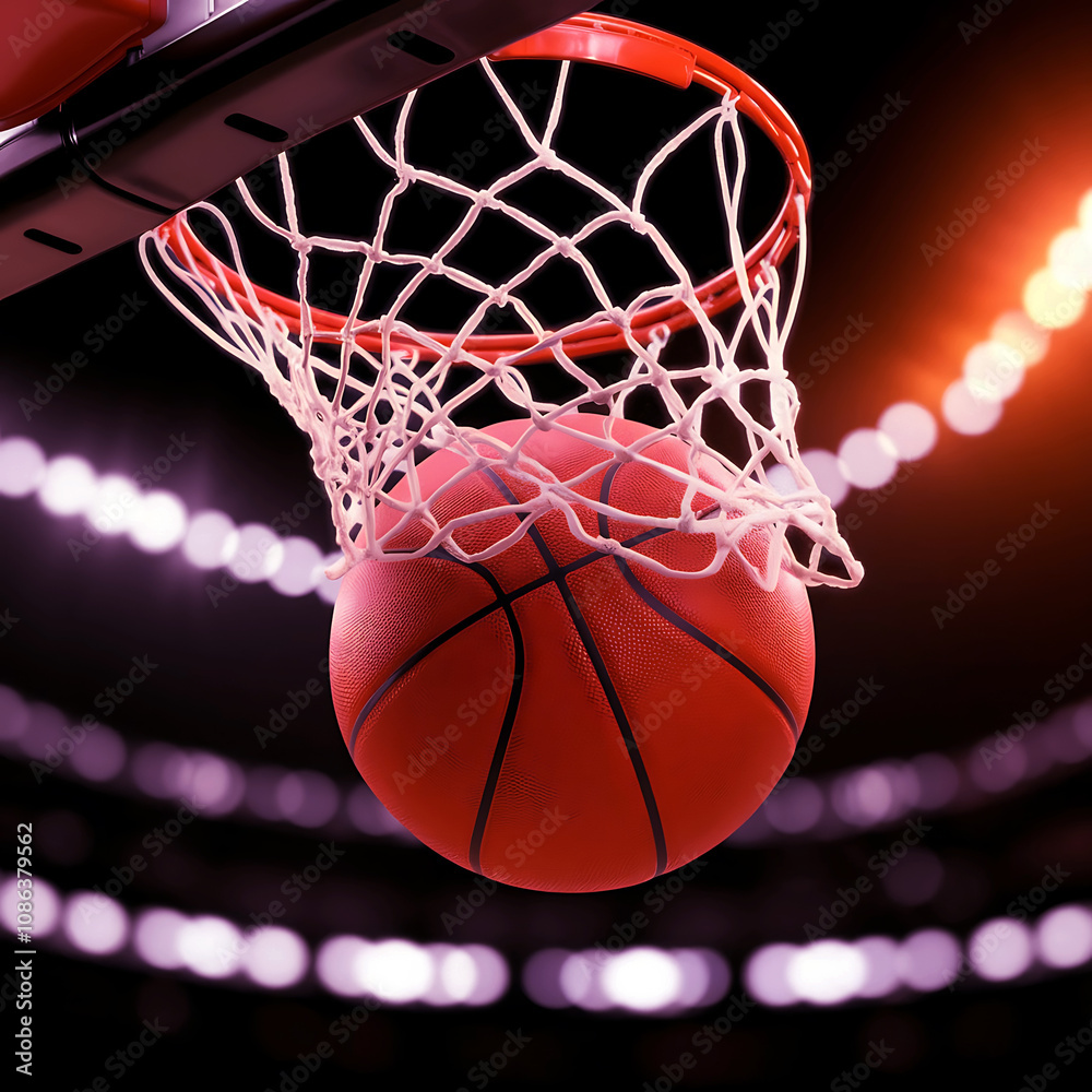 A basketball mid-swing into the net