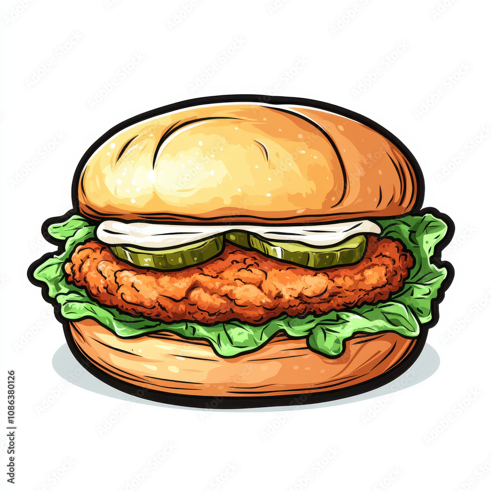 Delicious cartoon style chicken sandwich with lettuce and pickles