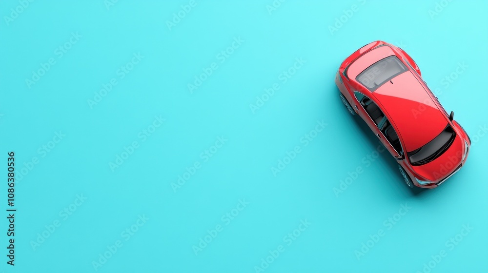 A red car positioned on a bright blue background. A red car positioned on a bright blue background.