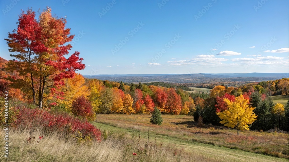Fototapeta premium autumnal landscape with trees against blue sky, golden, blue, natural