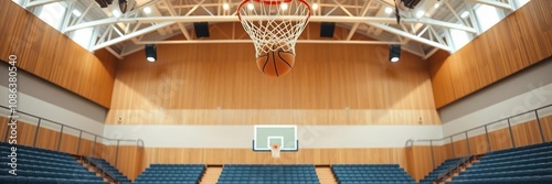 Basketball court with empty seats and focus on the hoops and the basketballs hanging from the rim, arena, rim, sporty