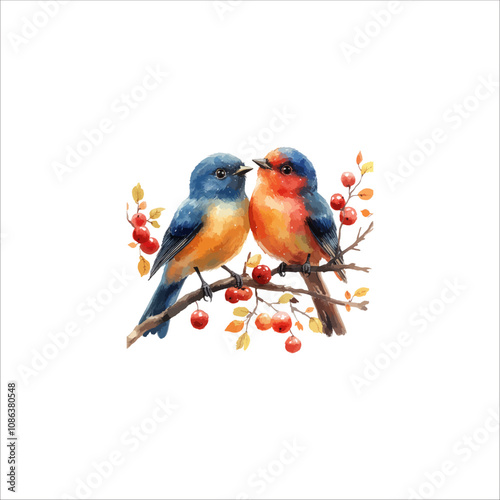 Watercolor lovebirds couple on a branch clipart. love Birds and heart watercolor illustration.