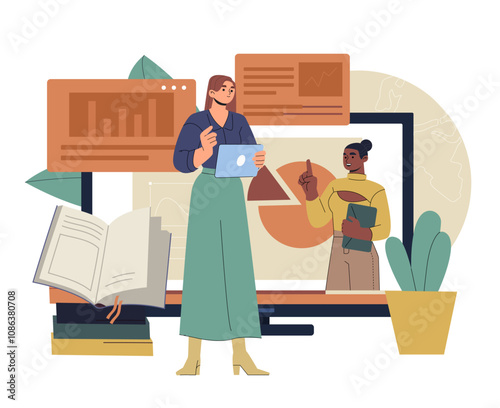 Businesswoman learning online. Business lecture with graphs and diagrams. Financial literacy and analytics. Distance education and training. Flat vector illustration isolated on white background