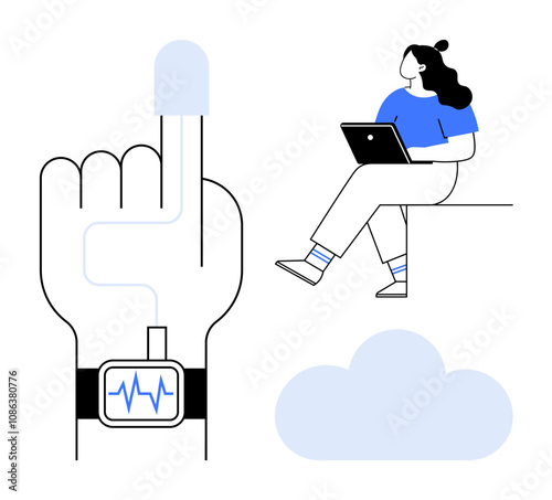 Hand with wearable health tracking device and pulse sensor, woman using laptop seated, blue cloud. Ideal for health tech, remote work, fitness, telehealth, wellness, digital lifestyle, future of