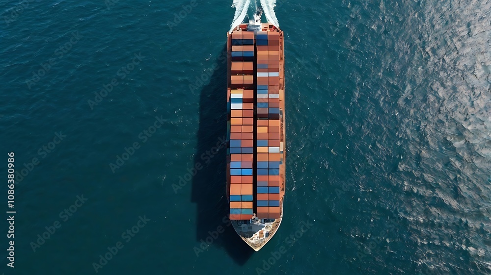 Aerial view of a container ship sailing on the ocean. Aerial view of a container ship sailing on the ocean.