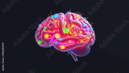 Brightly colored brain cells and nerve fibers in a 3D brain model against a dark grey background, nervous system art, neural network illustration, black background