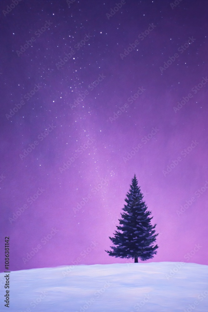 Beautiful spruce tree against magic snowy landscape with dark blue and purple night starry sky. Happy New Year and Merry Christmas. Winter holidays celebration background. Color of 2025 Beautiful spruce tree against magic snowy landscape with dark blue and purple night starry sky. Happy New Year and Merry Christmas. Winter holidays celebration background. Color of 2025