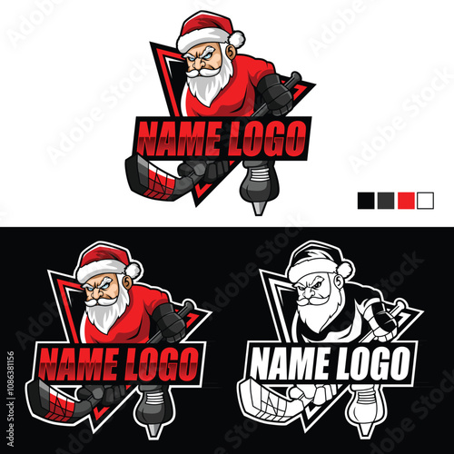 Santa Claus Ice Hockey Mascot Logo Cartoon for Sport Team and Business. Santa Claus ice hockey mascot player logo. Hockey mascot logo design vector with modern illustration concept style for badge