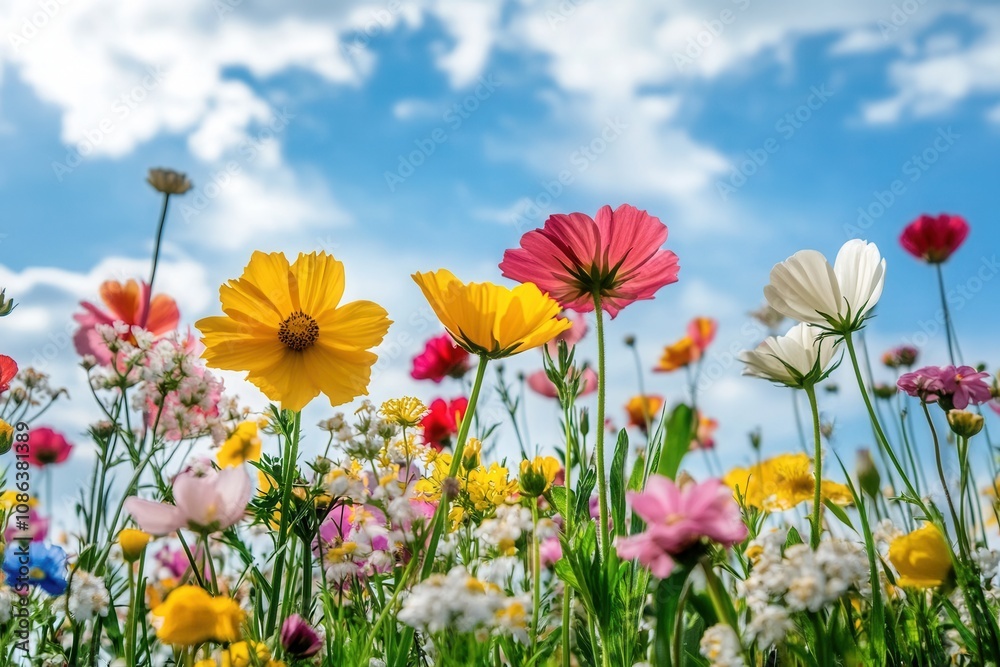 A low angle view of a field of colorful wildflowers reaching towards a bright blue sky with white clouds. A low angle view of a field of colorful wildflowers reaching towards a bright blue sky with white clouds.
