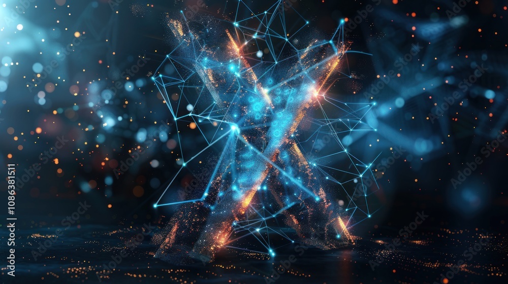 Abstract glowing blue and orange digital network on dark background with bokeh. Abstract glowing blue and orange digital network on dark background with bokeh.