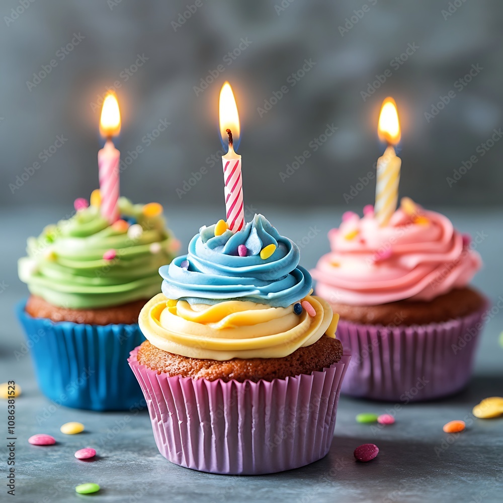 Colorful Birthday Cupcakes with Candles Colorful Birthday Cupcakes with Candles