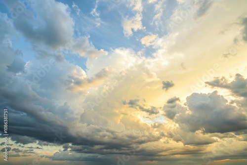 cloudy sky with shades of pale yellow and blue, gentle hues, pale yellow clouds, cloudy horizon