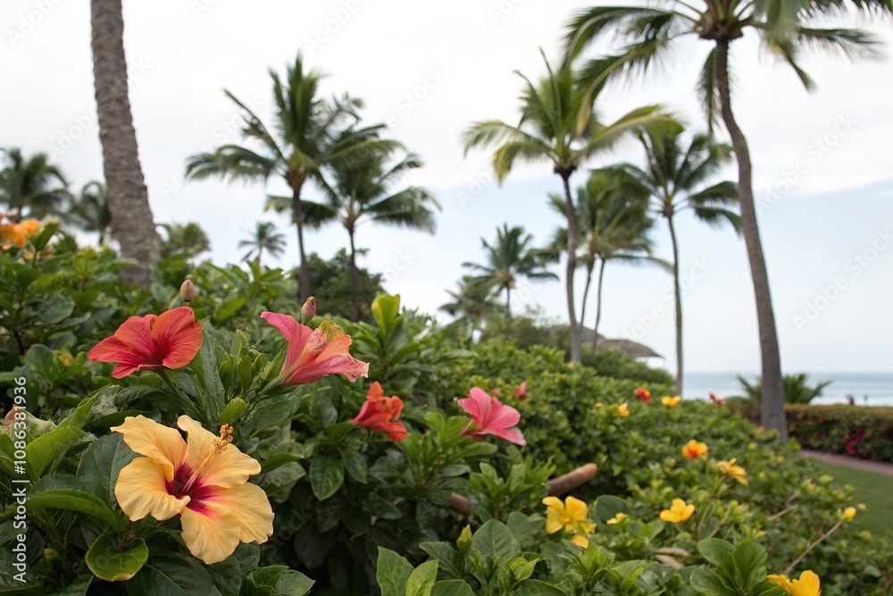 Colorful hibiscus flowers and lush green foliage in the shade of palm trees, foliage, island, greenery, hibiscus Colorful hibiscus flowers and lush green foliage in the shade of palm trees, foliage, island, greenery, hibiscus
