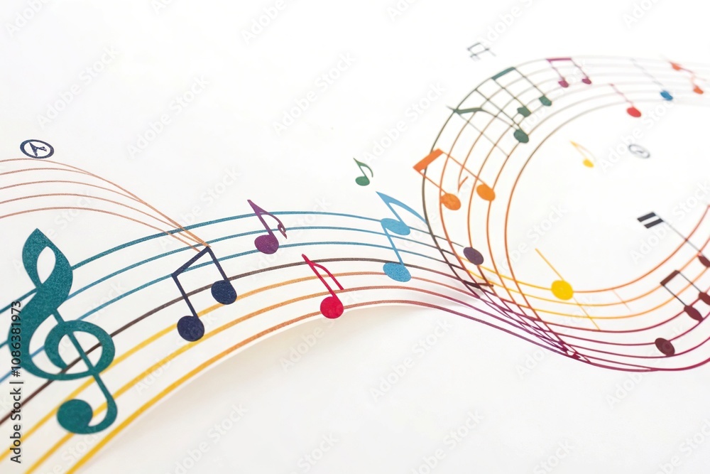 Colorful music notes in a wavy pattern against a bright white background, forming a mesmerizing visual effect, illustration, creative Colorful music notes in a wavy pattern against a bright white background, forming a mesmerizing visual effect, illustration, creative