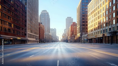 Empty Urban Street at Dawn with Tall Buildings Reflecting Morning Light in a Quiet Cityscape, Ideal for Backgrounds and City Life Themes