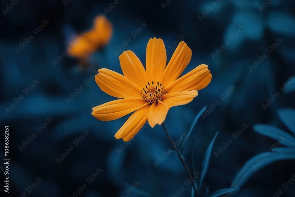 A single yellow flower blooms against a dark green background. A single yellow flower blooms against a dark green background.