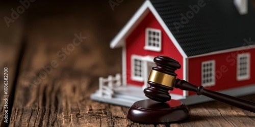 A miniature red house model positioned near a gavel resting on a wooden surface, symbolizing real estate law, property disputes, and legal proceedings related to homes.