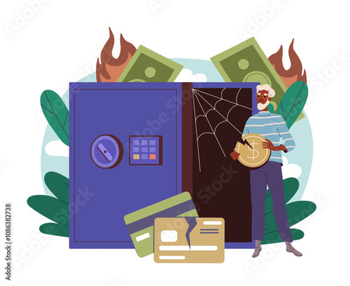 Loss of money. Man near empty safe with cobwebs and broken banking cards. Economic crisis, inflation and recession. Businessman with bankruptcy. Flat vector illustration isolated on white background