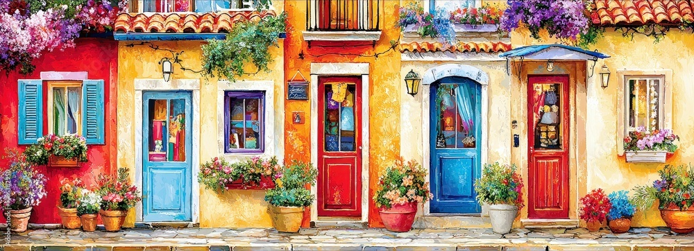 Fototapeta premium Vibrant Mediterranean Street with Colorful Doors and Flowering Plants in Pots Showcasing Charming Architecture and Lively Atmosphere in a Quaint Coastal Village